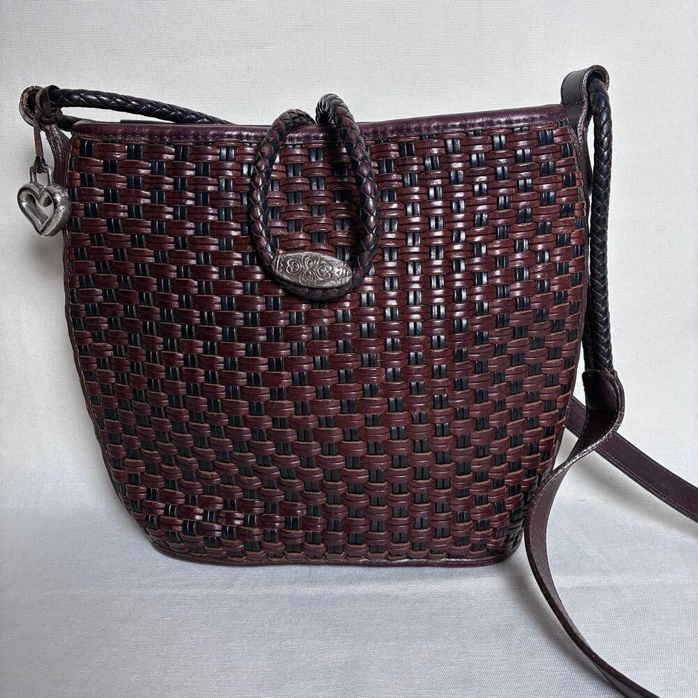 Vintage Brighton Two Tone Woven Leather Crossbody Bag Heart Charm Braided Strap